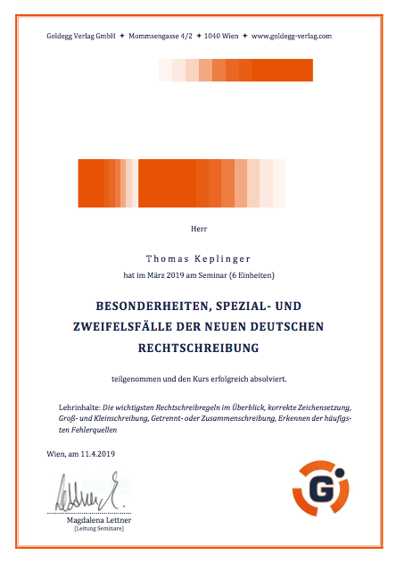 Zertifikat "Besonderheiten, Spezial- und Zweifelsfälle der neuen deutschen Rechtschreibung"